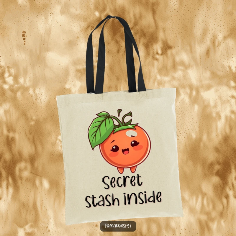 Funny tote bag featuring a cheerful tomato character playfully peeking from behind a leaf, perfect for everyday adventures.