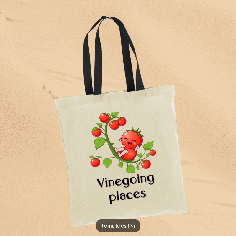 Funny winking tomato character playfully sliding down a tomato vine, on a stylish and funny tote bag.