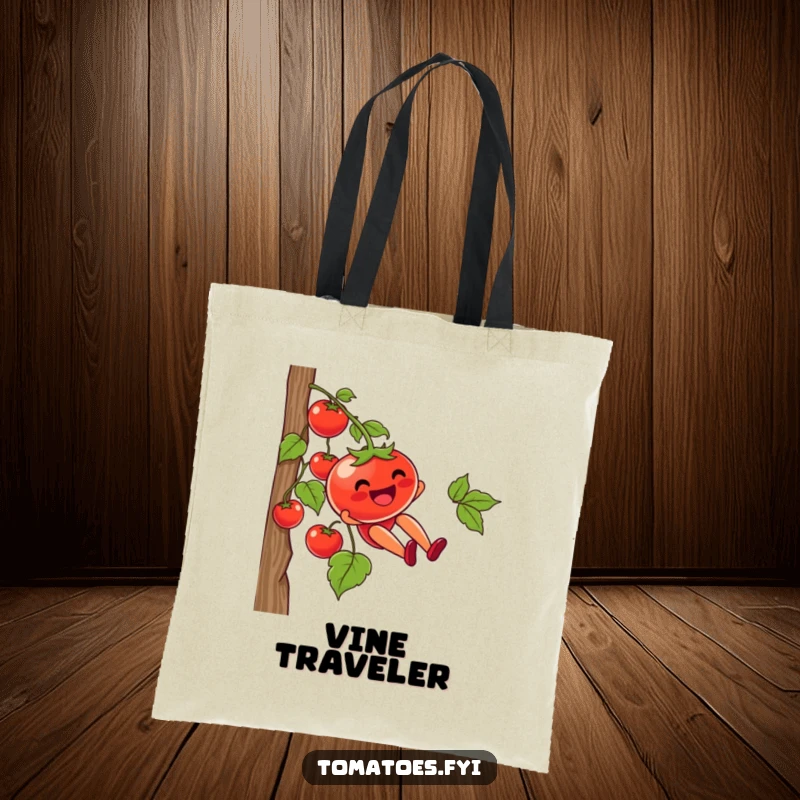 Funny tote bag with a tomato character joyfully sliding down a vine, perfect for carrying essentials with a humorous and adventurous theme.